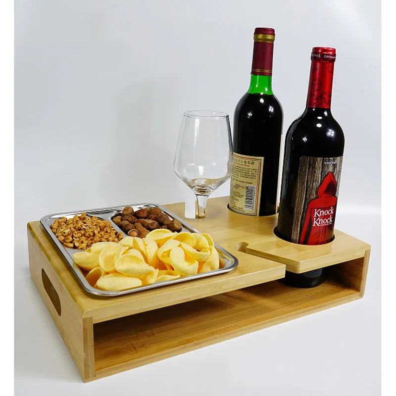Bamboo Rustic Couch Snack Caddy,TV Tray Cup Holder with 2 Red Wine