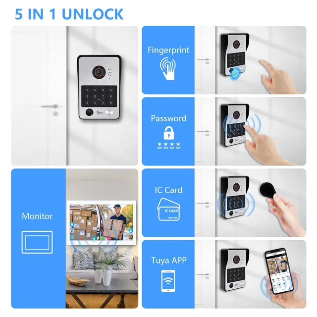 5in1 Unlock Doorbell Video Intercom System Home intercom with screen Doorphone intercom for apartment wi fi  1080P Touch Monitor 4