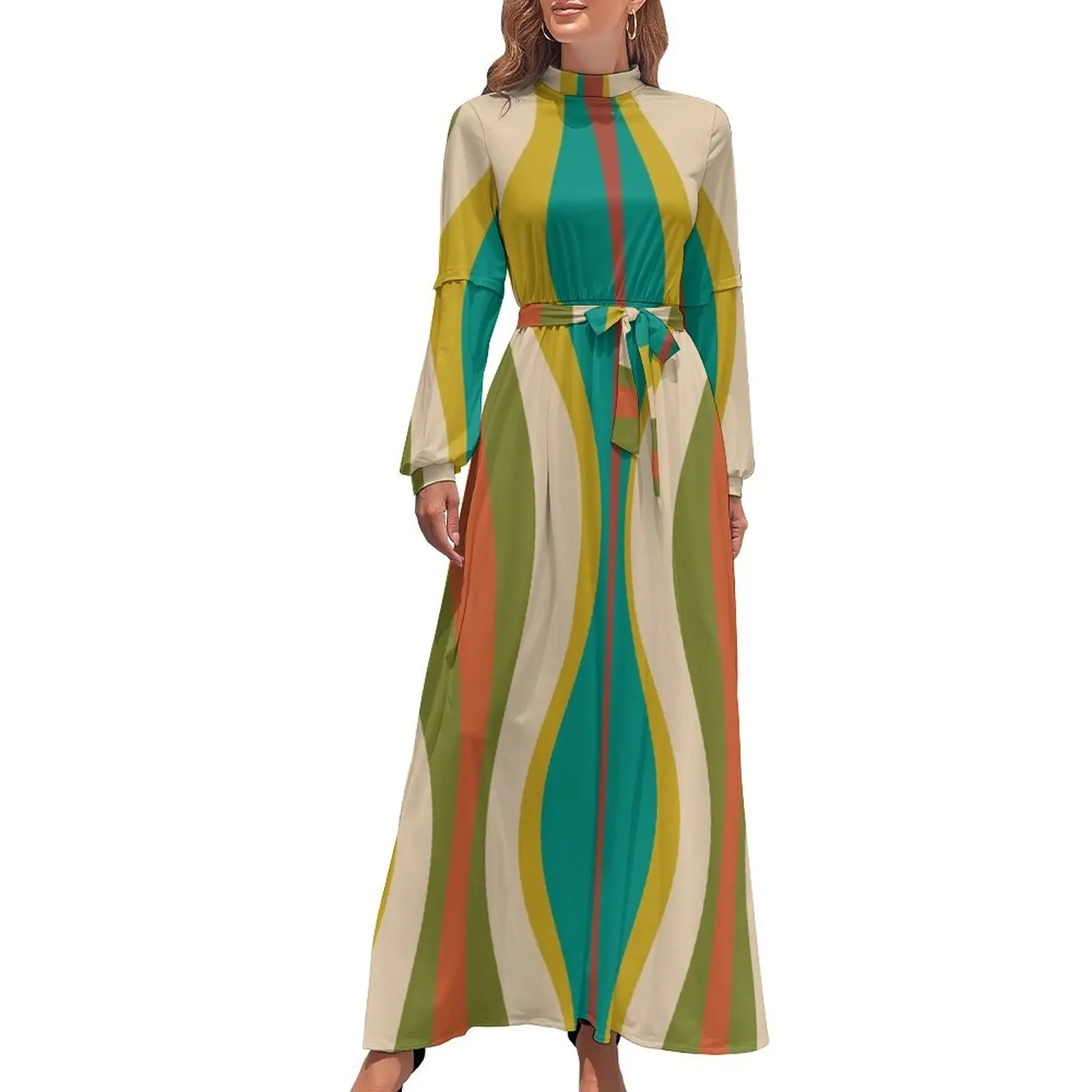 thumbnail image 1 of Vestido largo de mujer con estampado abstracto moderno de mediados de siglo en turquesa, verde azulado, mostaza, naranja, oliva y beige medio moderno, 1 of 5