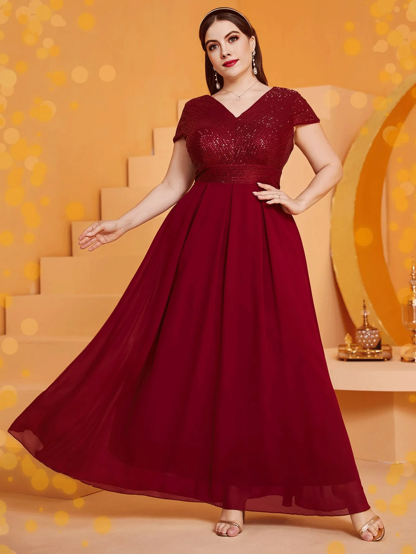 

Women Party Dress 2024 New Elegant Temperament Solid Color V-neck Short-sleeved Sequins Plus Size Dress Fashion Evening Dresses