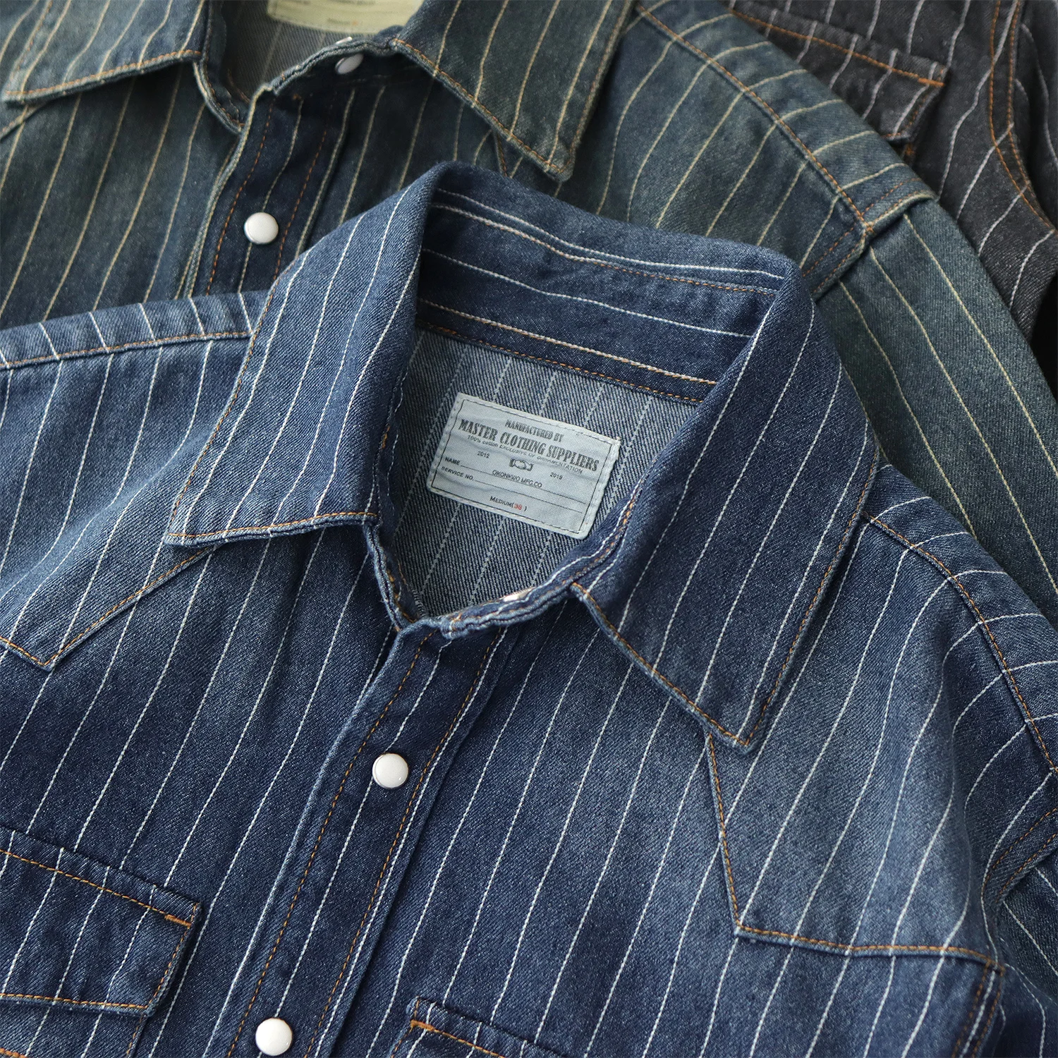 Vintage denim shirt men washed striped casual Khaki spring autumn long sleeve
