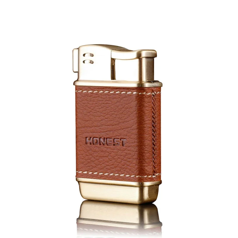 HONEST Upscale Genuine Leather Metal Gas Cigar Lighter Oblique Out Open Flame Pipe Dedicated Cigarette Lighter Men's Gift 6