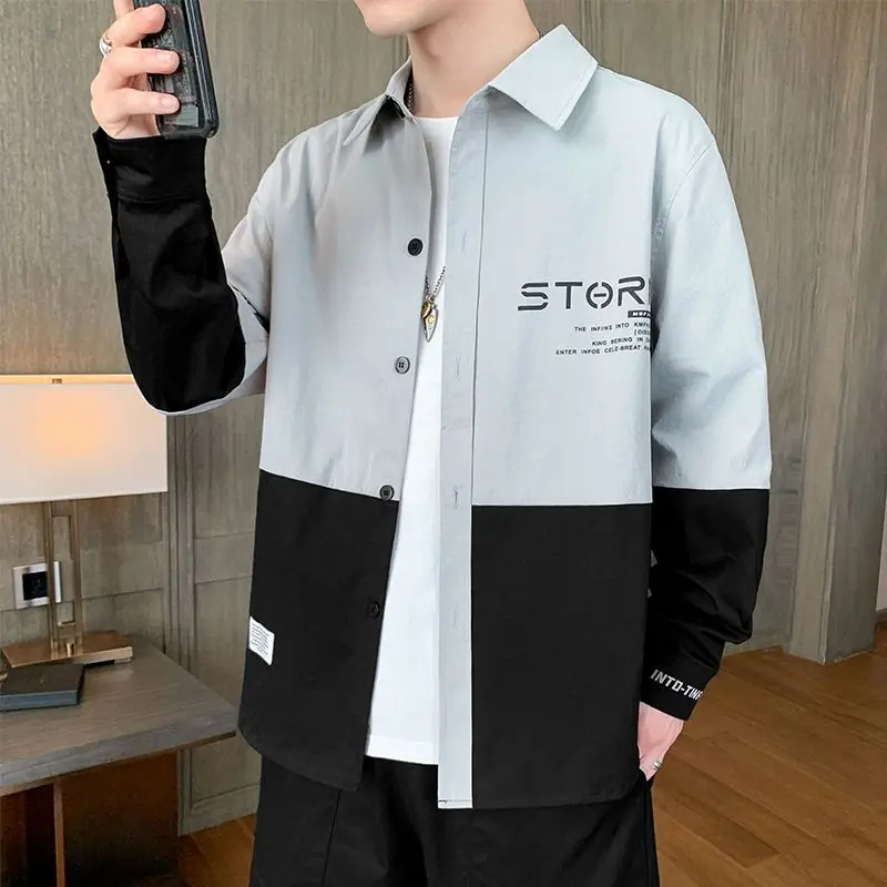 Fashion Printed Button Spliced Letter Shirts Men Clothing 2022 Autumn New Oversized Casual Tops Loose Korean Shirt
