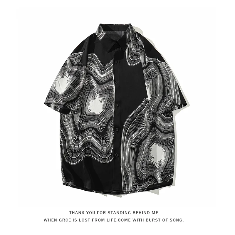 Summer Short Sleeve Shirt Men Fashion Retro Print Shirt Men Streetwear Loose Black White Ice Silk Mens Large Sizes M-5XL casual short sleeved shirt short sleeved shirt