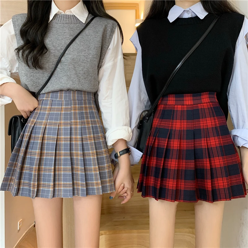 pink skirt Shintimes Fashion Women Skirt Preppy Style Plaid Skirts High Waist Student Pleated Mini Skirt Harajuku Ladies Girls Dance Skirts black denim skirt