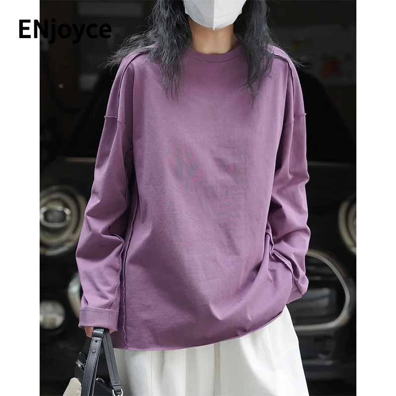 

2023 Spring Women New Raw Edge Design Round Neck Cotton T-Shirts Female Casual Loose Long Sleeve Basic Tee Pullovers Tshirt