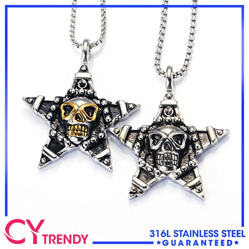 

European and American Retro Punk Hip-hop Pentagram Skull Stainless Steel Men's Pendant Necklace
