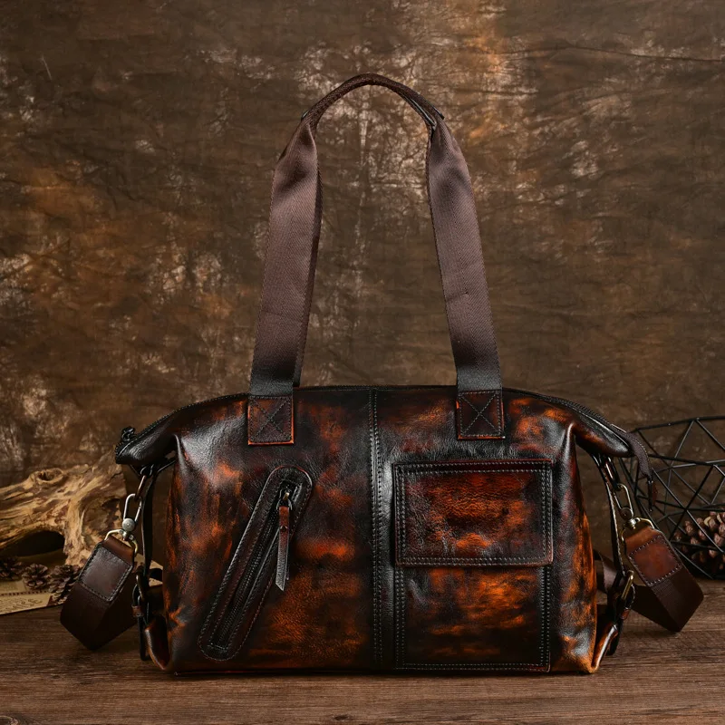 Vintage Leather Travel Tote for Men, Handcrafted with Top Layer Cowhide and Multiple Functions