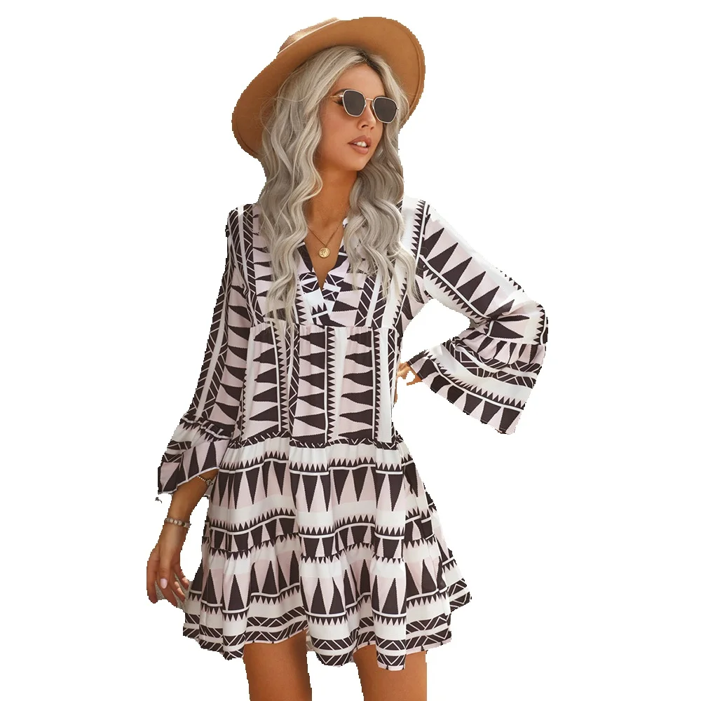 

Shi Ying Spring And Autumn New Large Loose Fit Dress Pullover Deep V Fashion Knee Length 221397