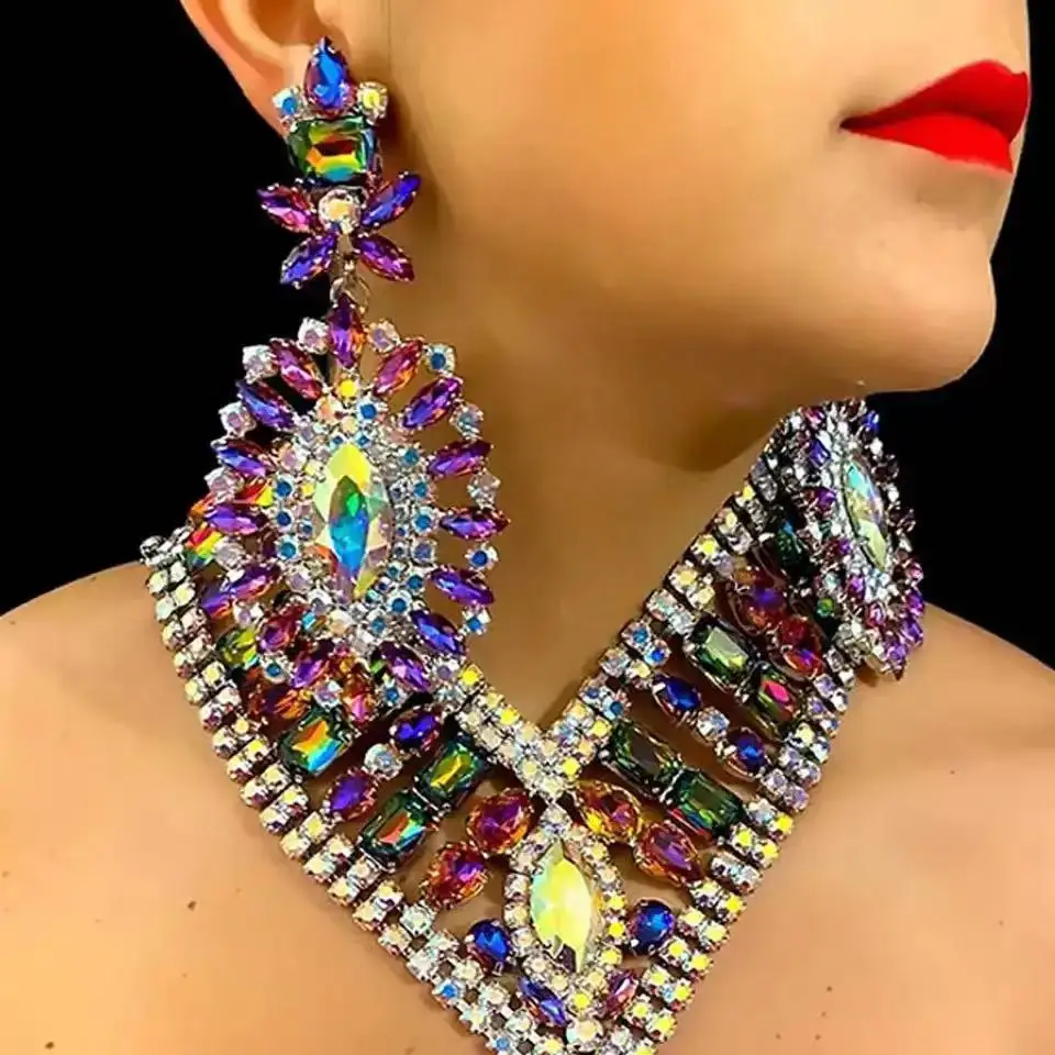 

Luxury Rhinestone Wedding Jewelry Sets Geometric Crystal Statement Necklace Earrings Set for Bride African Bridal Jewelry
