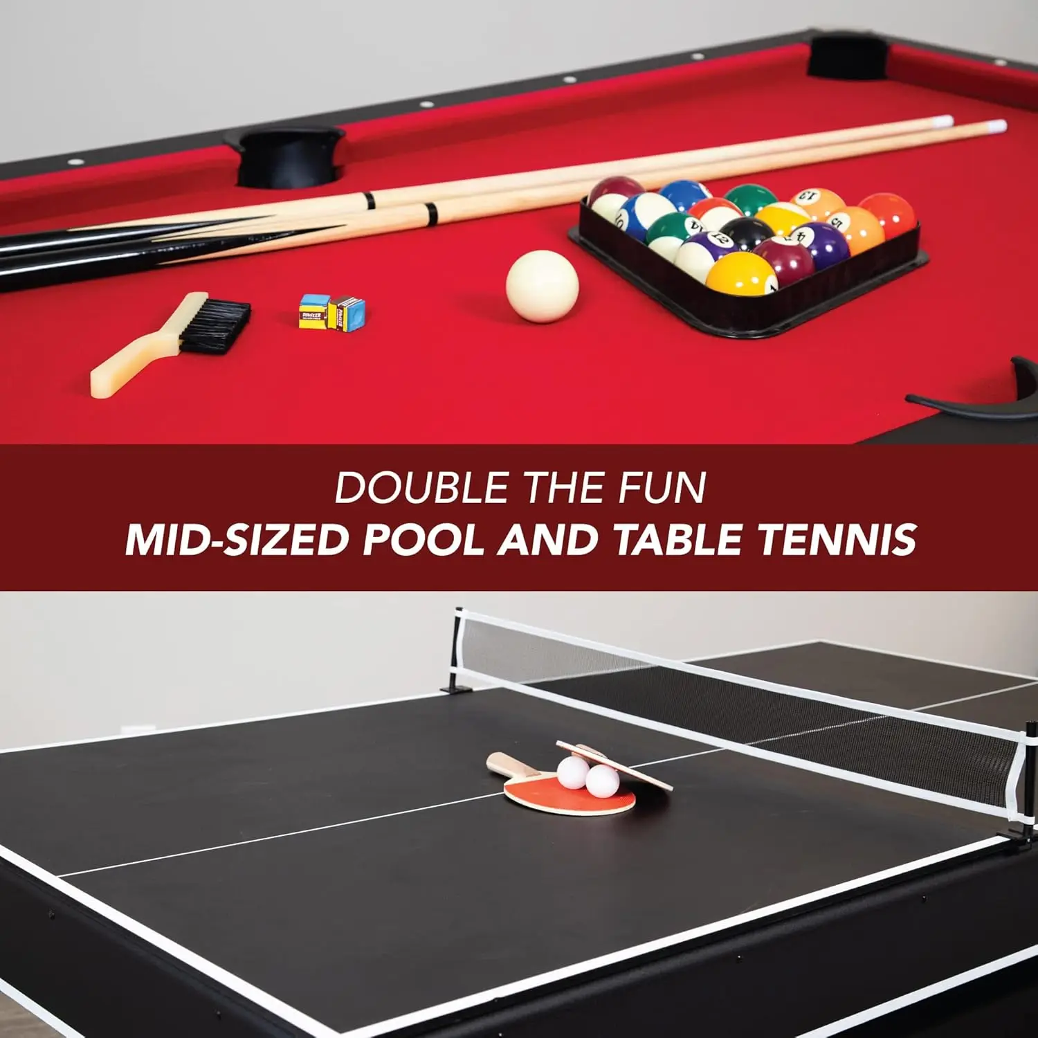 6-ft Pool Table with Table Tennis Top-Black with Red Felt