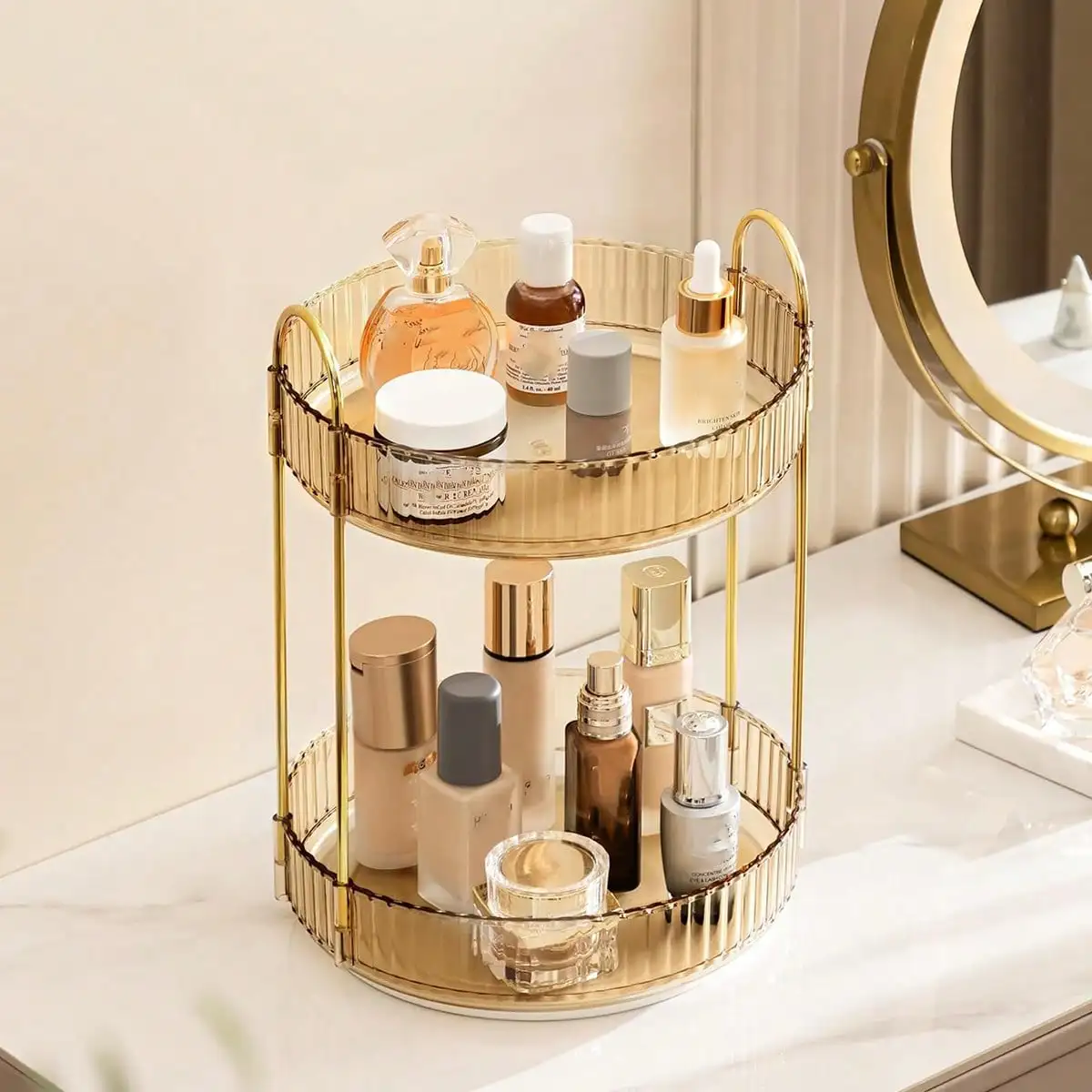 360° Rotating Makeup Organizer, 2 Tiers, High Capacity Cosmetic & Skincare Storage for Vanity, Dresser, Bathroom (Clear White) 6
