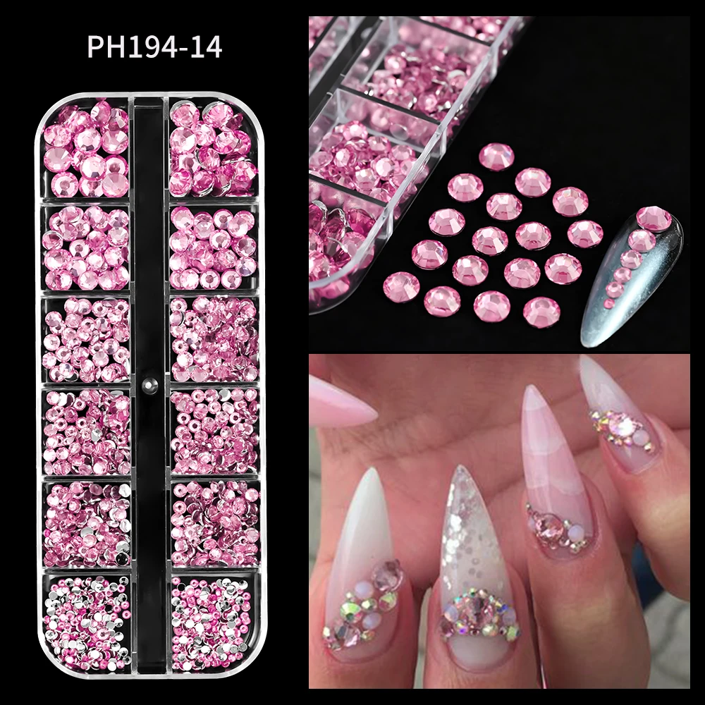 

12 grids 3D Pink Non Hotfix Crystal Gems Mixed Size S6-S30 Flatback Round Beads Nail Glass Rhinestones Clothes Shoes Decor DIY %