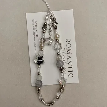 Fashion Silver Star Pearl Beaded Beaded Pendant Phone Strap Charm For iPhone Samsung Universal Accessories Chain Lanyard Gift 1