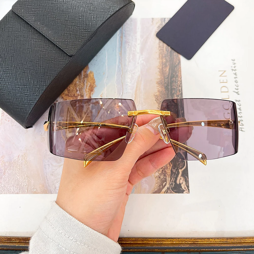 

Unique Design Rimless Goggle Style Sunglasses For Men and Women Large Lense Light Luxury Customizable lenses Alloy Frame