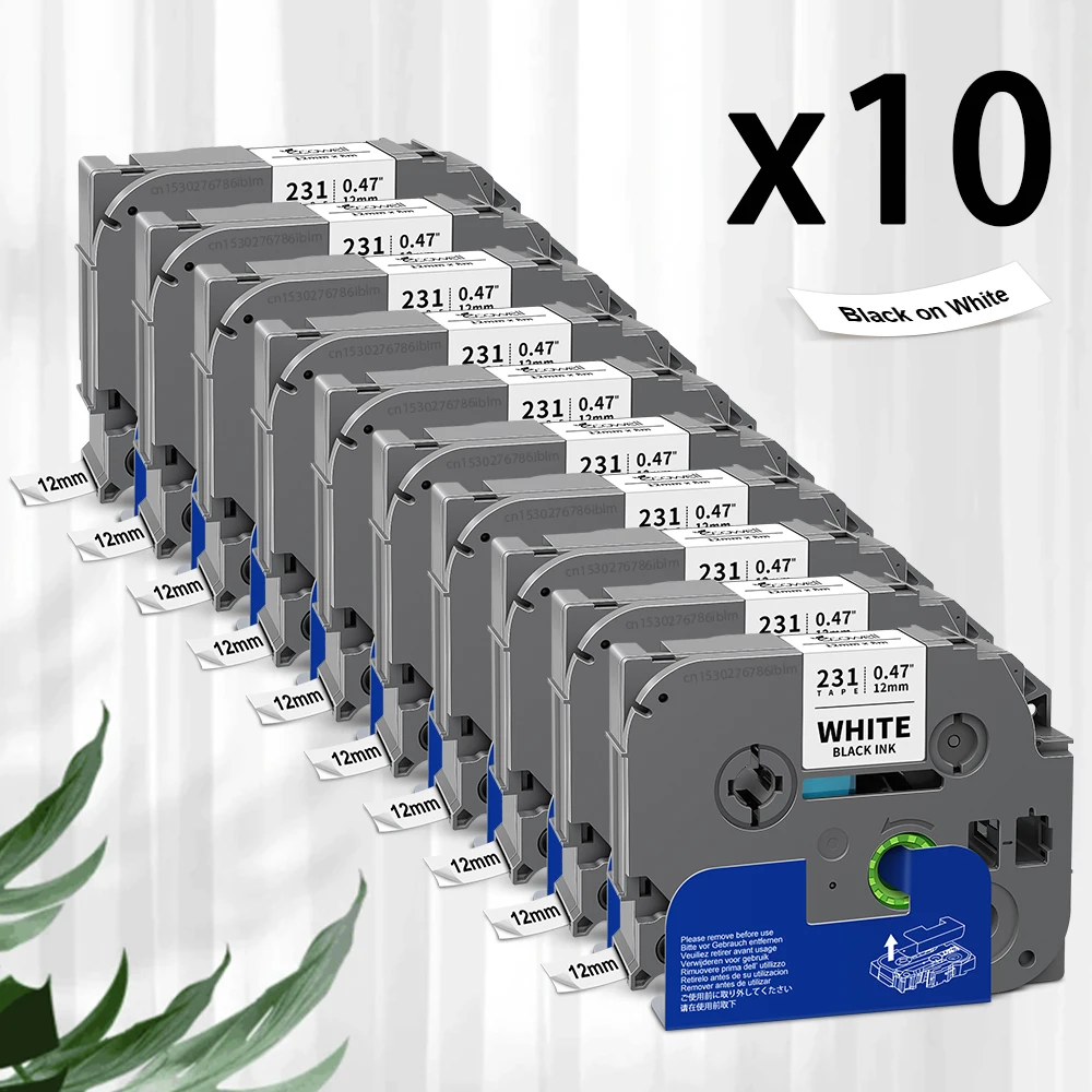 5 Rotoli Nastro TZe-231 12mm Bianco Su Nero Per Etichettatrice Brother PT-H110 - Laminato, Resistente A Macchie E Acqua