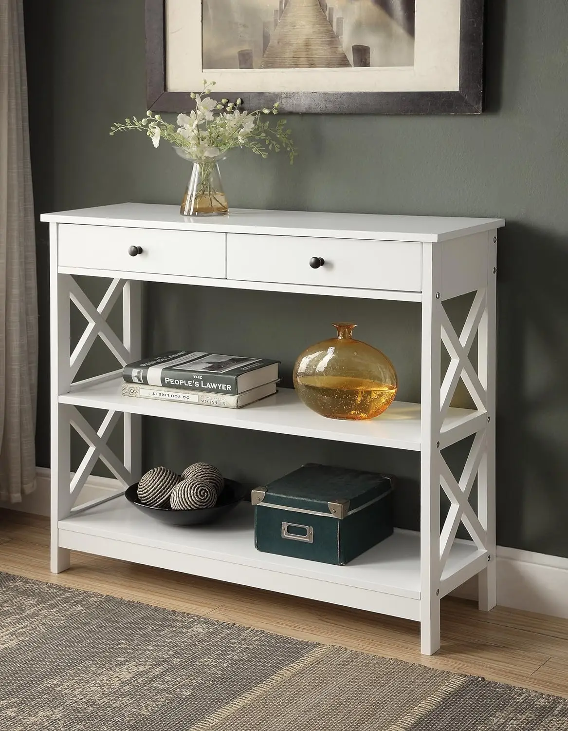 

Finish 3-Tier Console Sofa Entry Table with Shelf/Two Drawers