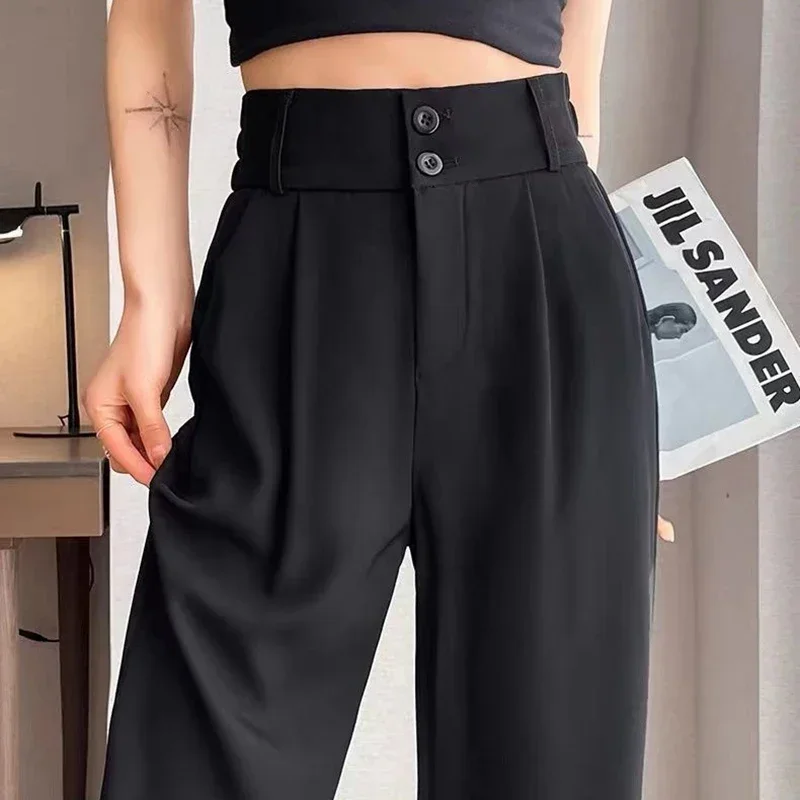 2025, weibliche Hohe Taille Breite Bein Hosen Frühling Frauen Concise Mode Anzug Hosen Dame Chic Koreanische Designer Einfarbig Hosen – Detail 2