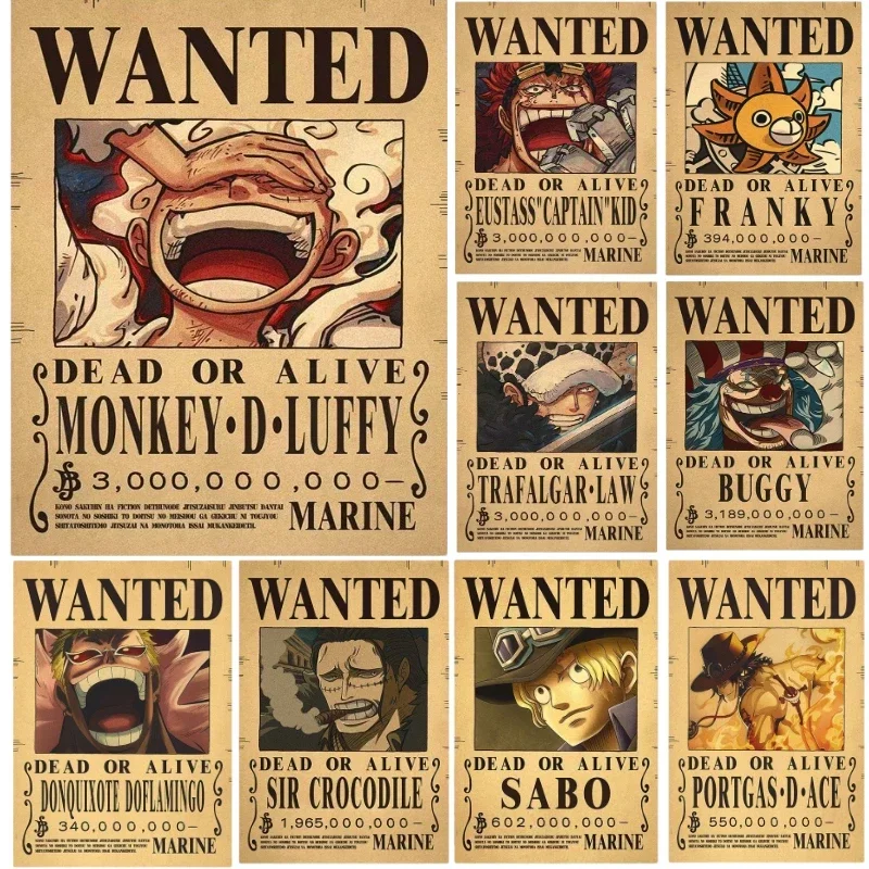 10pcs lot anime op straw hat pirates wanted poster luffy ace jinbe nami chopper robin zoro sanji usopp franky poster sticker toy 2023NEW Anime One Piece Nika Luffy Wanted Kids Bedroom Retro Poster Zoro Living Home Decoration Pirate Manga Wall Paper Stickers