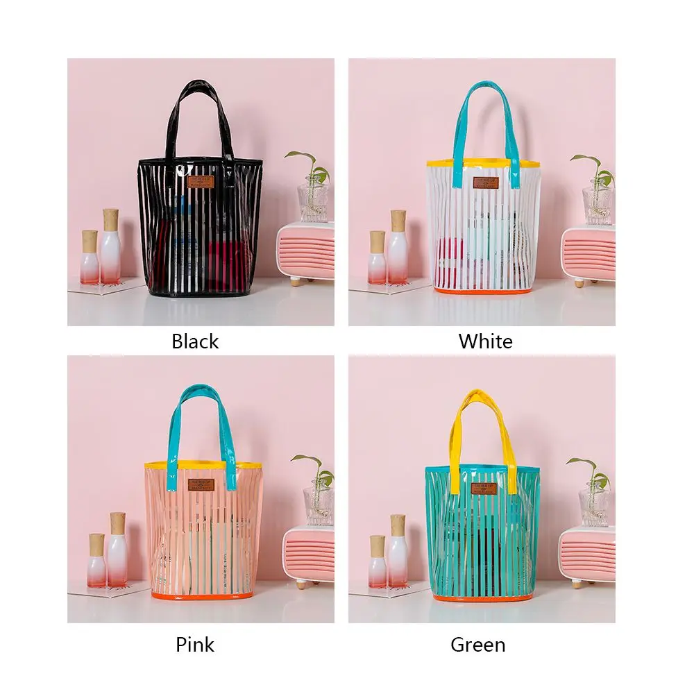 Large Capacity Transparent Handbag Waterproof Stripe Print Beach Bag Wash Bag Protable Travel Shopping Sundry Storage