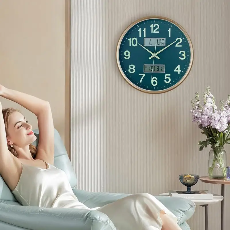 38cm Wall Clock Silent Non Ticking Round Silent Clock with Calendar & Temperature & Humidity Digital Display Luminous