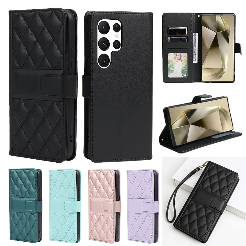 Checkered Wallet Magnetic Flip Card Slot & Photo Frame Leather Case