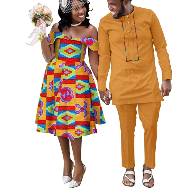 African Print Couple Clothing Men's 2 piece Suit Set & Wax Print Dress  Cotton African Attire for Lovers Wedding Party - AliExpress