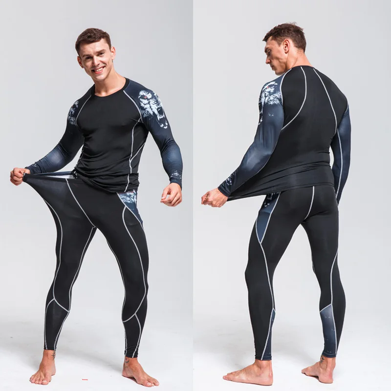 Men's Ski Underwear Sport Compression Second Skin Long Sleeve Shirt + Bottom 2 piece Tracksuit Rashguard Fitness Running Suit