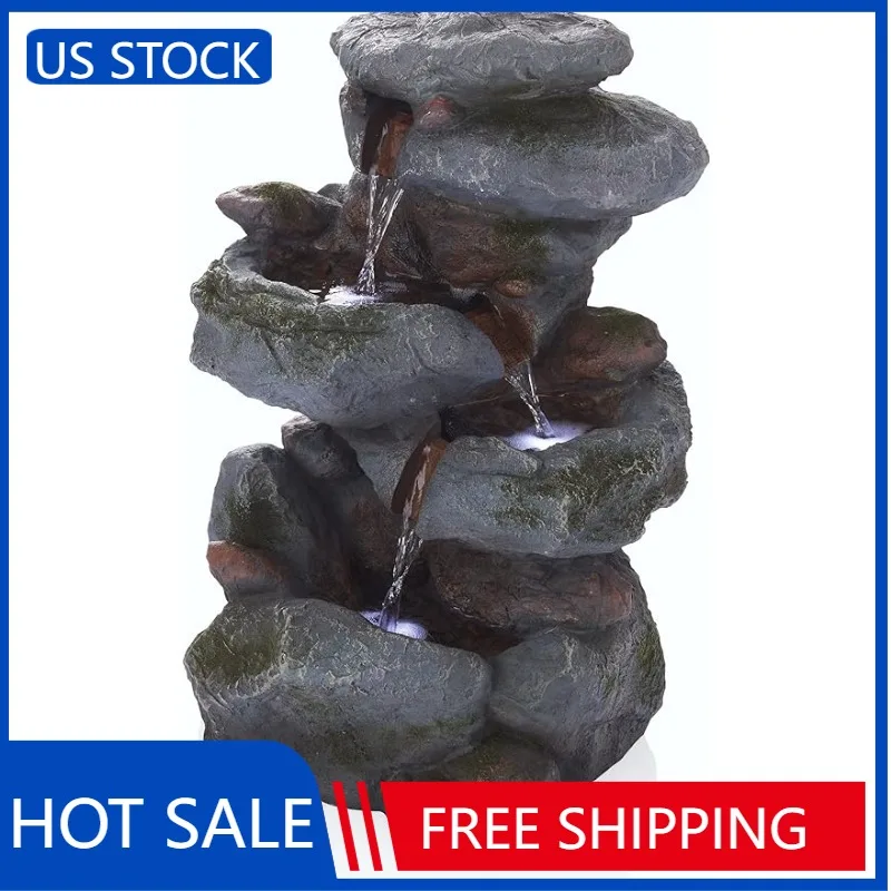 

Alpine Corporation WIN582 Tall Outdoor 3-Tier Rock Waterfall Fountain with LED Lights, 15"L x 13"W x 22"H, Gray/Beige