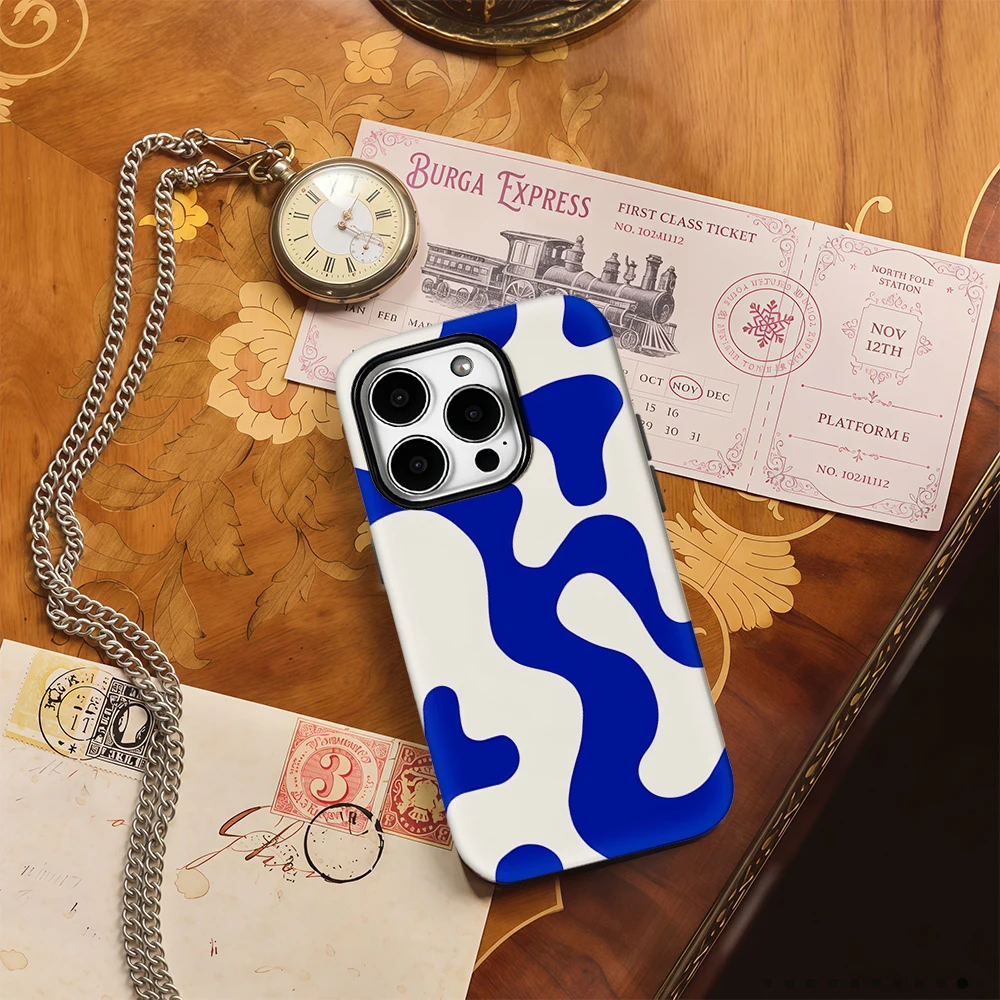 Luxury Double-Layer Phone Case with Blue Swirls - Minimalist Design