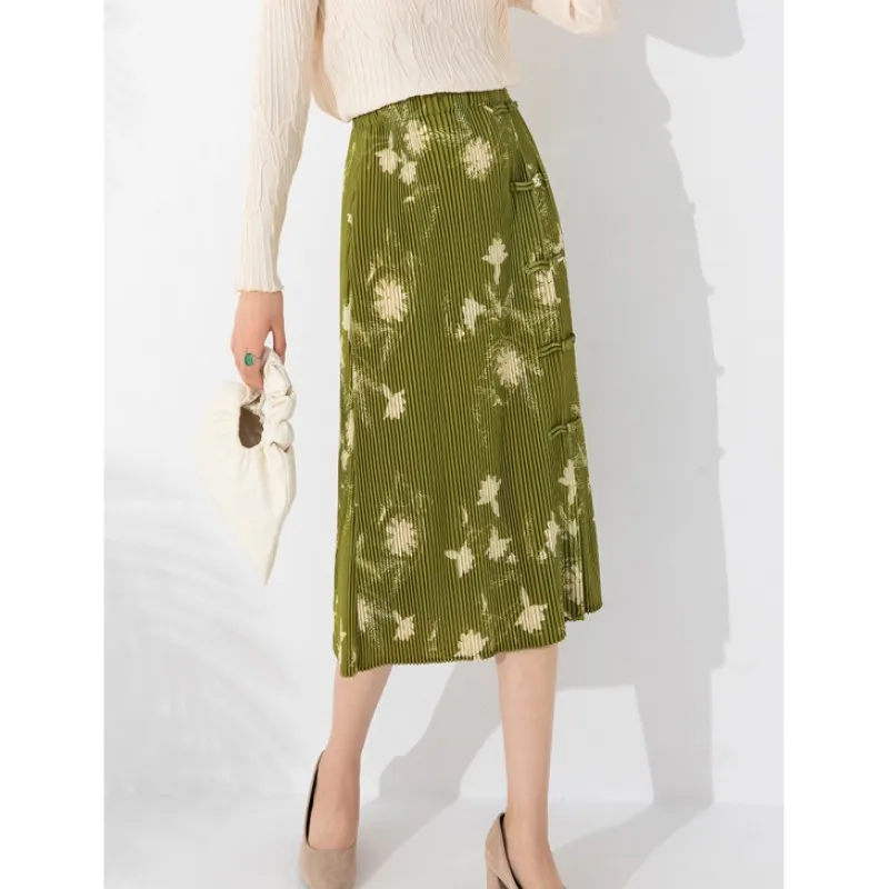 

2023 autumn and winter women's new temperament pleated skirt print retro skirt