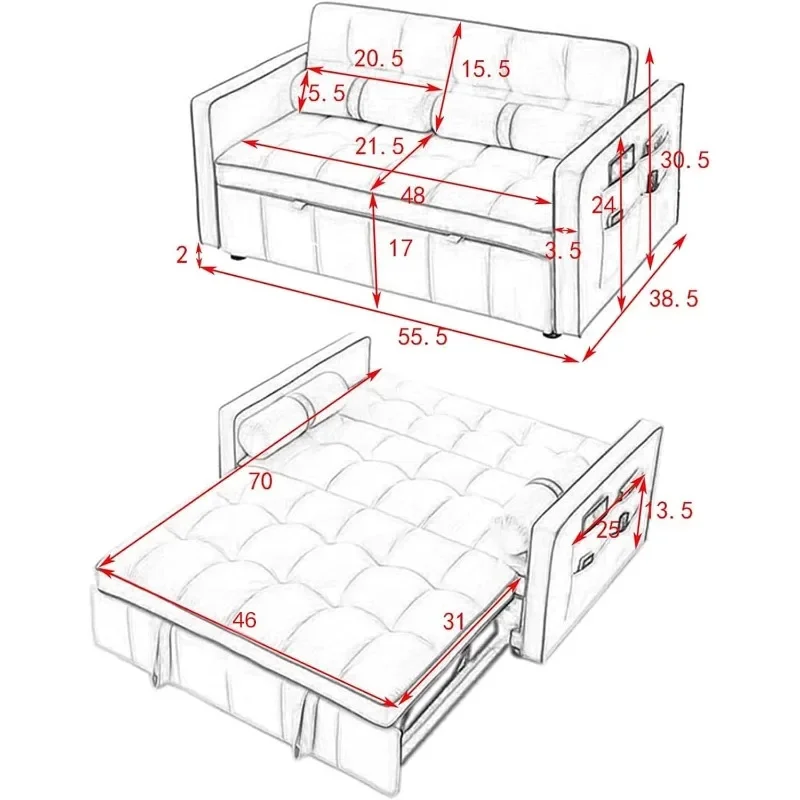 Description Picture 3 of itemZHENXIANG 3 in 1 Sleeper Sofa Couch Bed, Small Tufted Velvet Convertible Loveseat Futon Sofa w/Pullout Bed, Adjustable Backrest