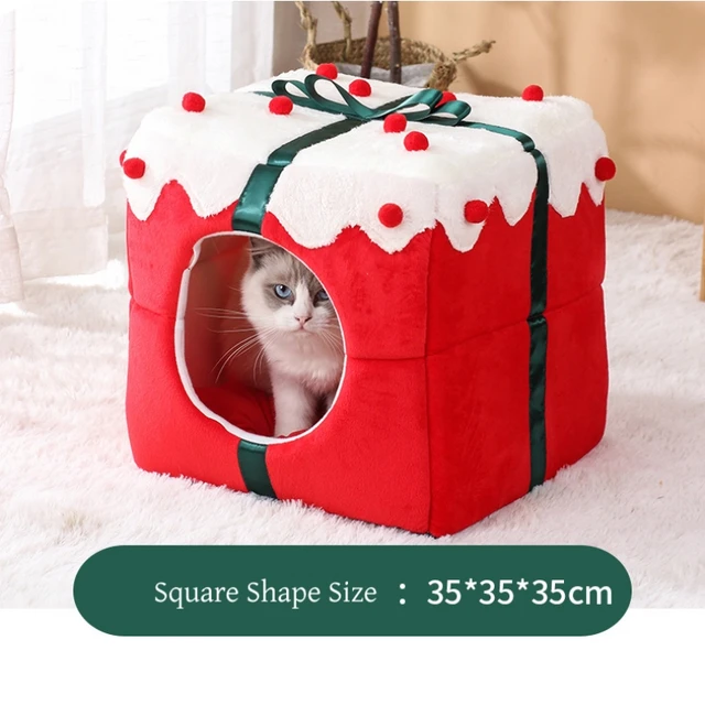 Winter Closed Cat Nest Christmas Gift Box Design Sleeping House for Cats Dogs Soft Warm Bed for Kittens Pet Party Dec Supplies 6