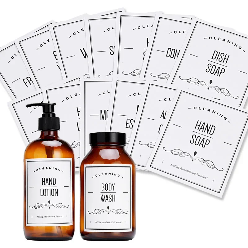 Waterproof Sticker Soap Dispenser Bathroom Jar Storage Label Shower Shampoo Lotion Conditioner Bottle Stickers White Black