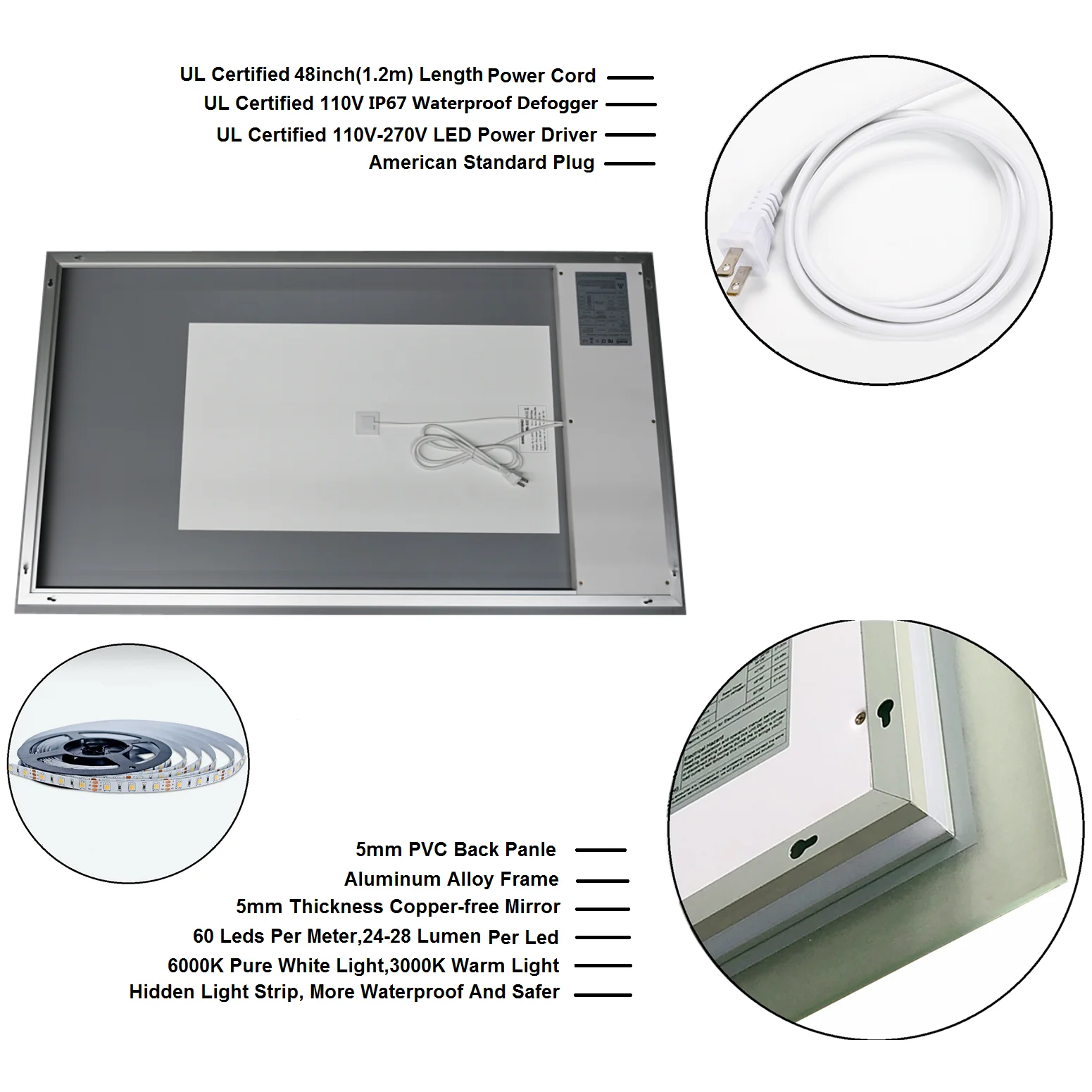 Anti Fog Bluetooth Bath Mirror Smart LED Mirror For Makeup Modern Lighted Vanity Wall Mounted Backlit Dimmable