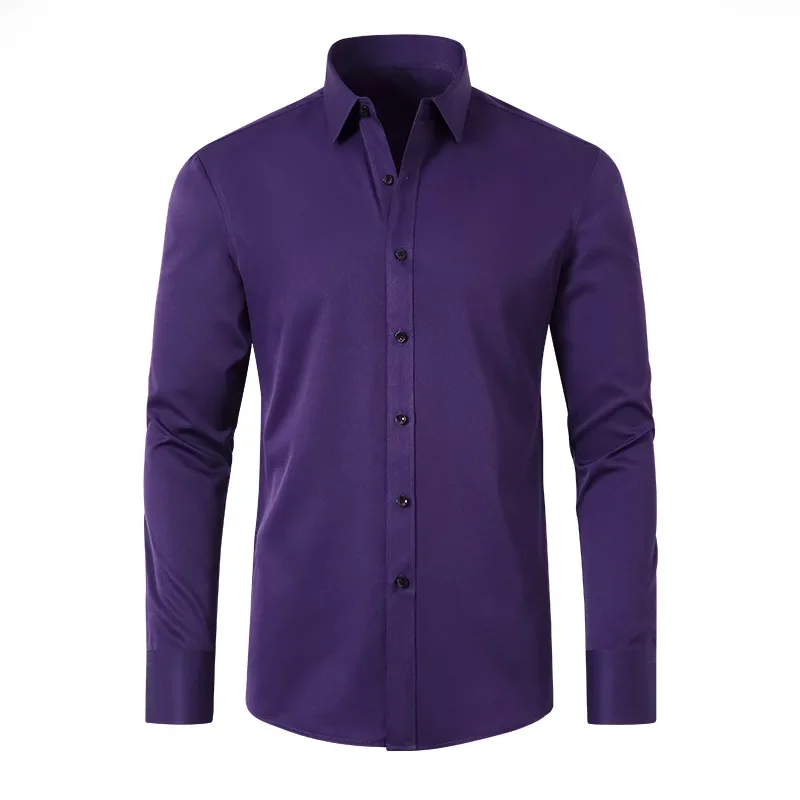 thumbnail image 1 of Camisa de manga larga antiarrugas y resistente al calor para hombre, de color liso, con cuello cuadrado, para uso informal de negocios, con cuatro lados cruzados, 1 of 5