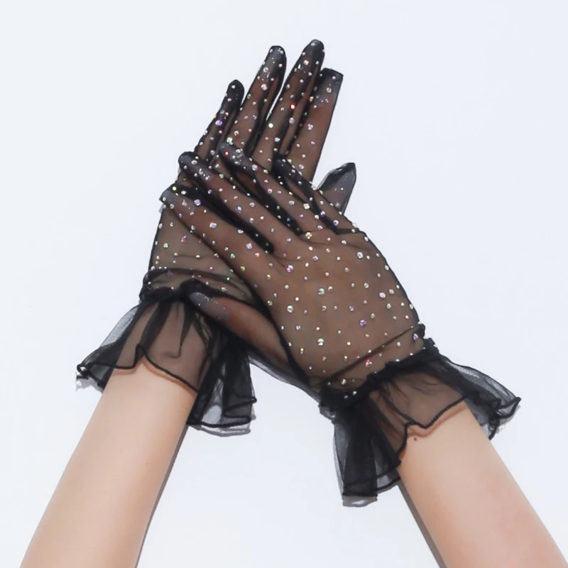 Women Sexy Transparent Shiny Pole Dancing High Stretch Gloves Stage Performance Cosplay Mesh Lolita Elegant Short Ruffle