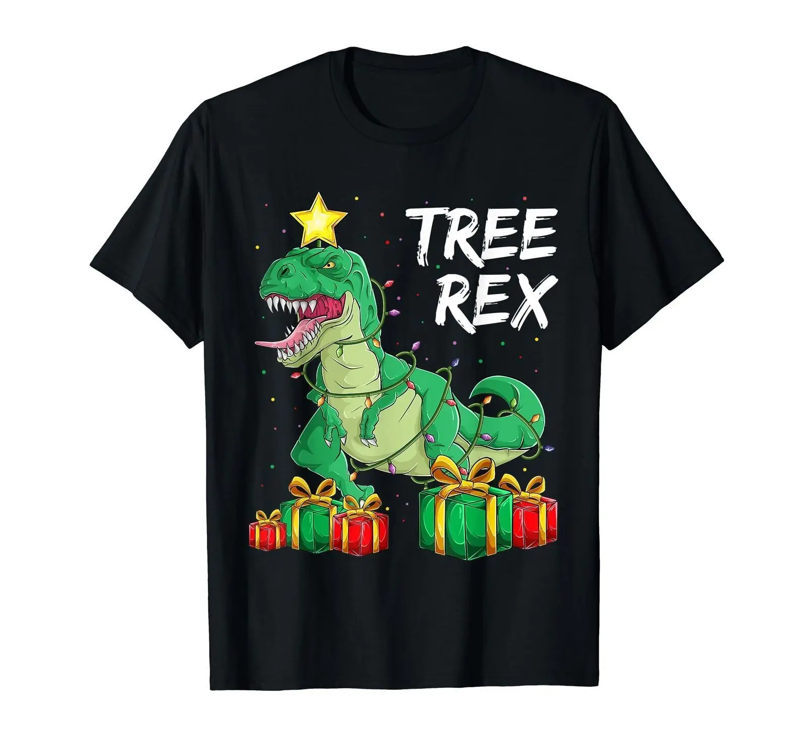 Maglietta Natalizia Tree Rex Ragazzi, Dinosaur Xmas Lights T Rex T-Shirt Maniche Lunghe O Corte