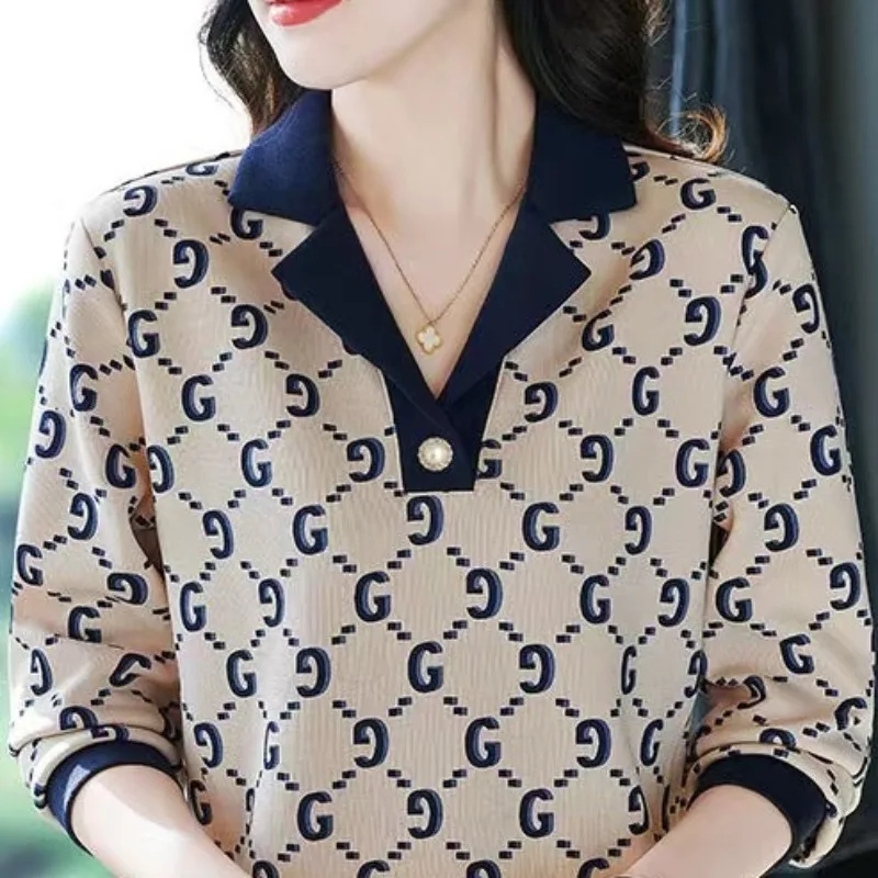 

2023 Spring and Autumn Women's Pullover Polo Fit Embroiled FlaresLetter Fashion Casual Elegant Office Lady Long Sleeve Tops