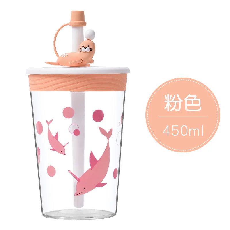 

New cartoon water cup with straw, simple and fashionable, cute children's straw cup, heat-resistant and anti drop plastic cup