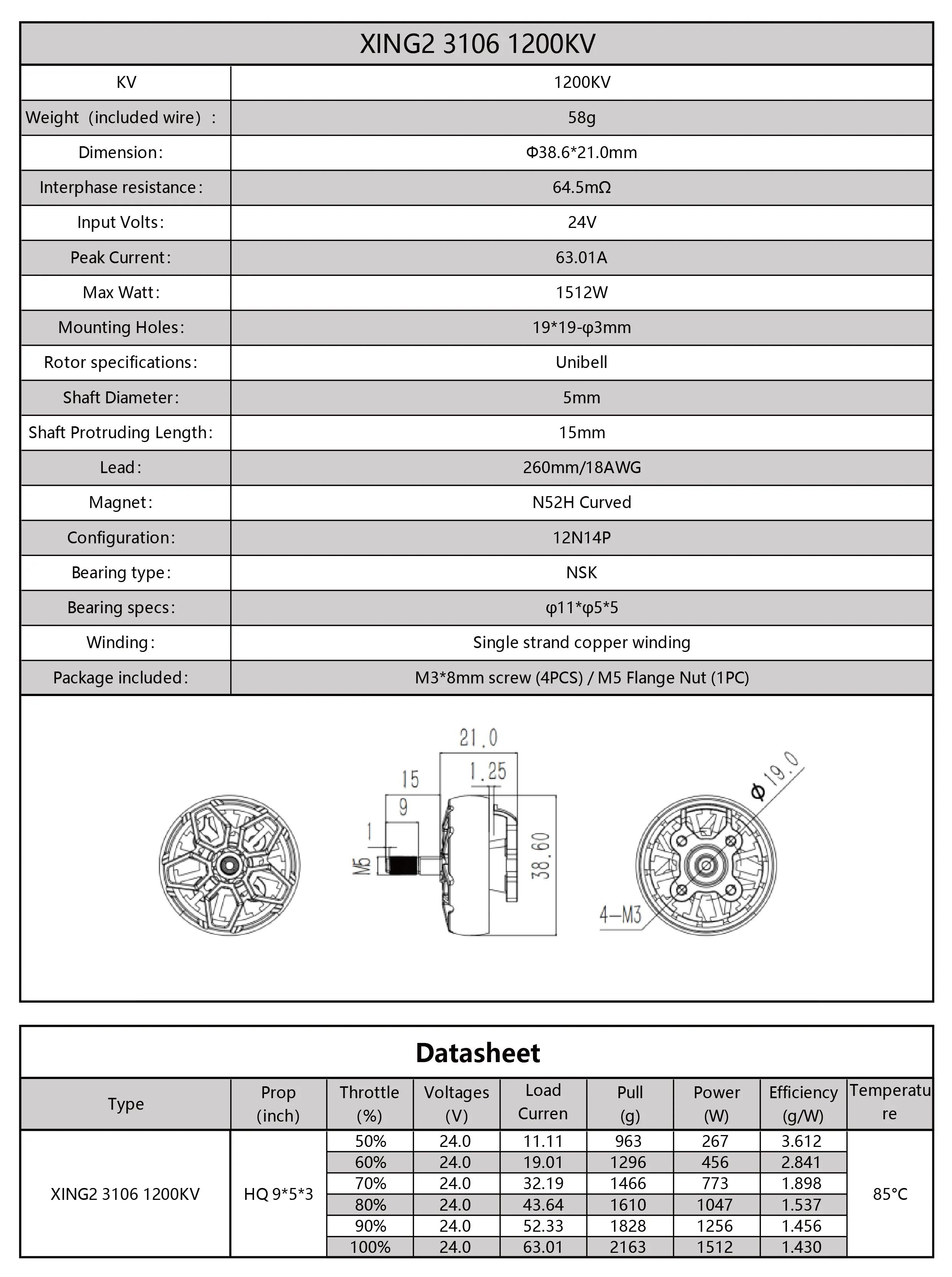 iFlight XING2 3106 1500KV/1200KV 4-6S FPV Motor, 58g Dimension: 038.6*21.Omm Interphase resistance: 6