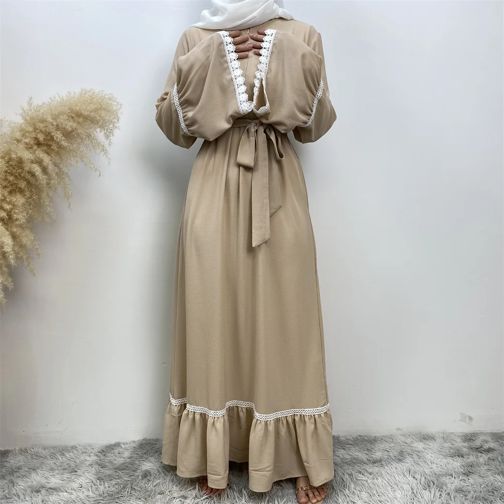 فستان فضفاض للنساء في الشرق الأوسط ، دانتيل أبيض ، أكمام طويلة ، نمط سحاب ، شائع ، مرقع ساخن ، دبي ، تركي ، إسلامي ، موضة جديدة ، رائج