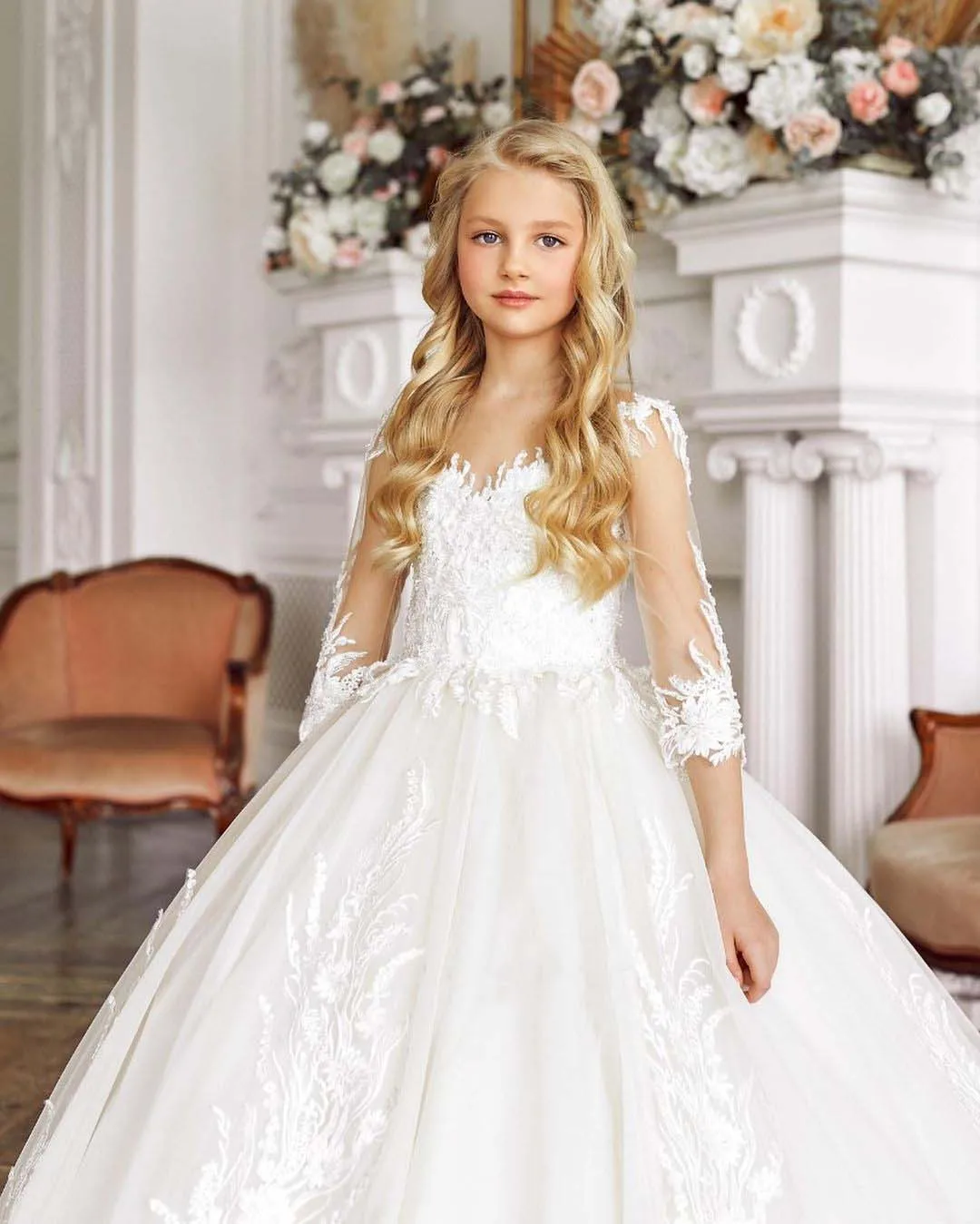 White Lace Flower Girl Dress for Wedding Tulle Floor Length Half Sleeves Kids First Communion Pageant Birthday Gown