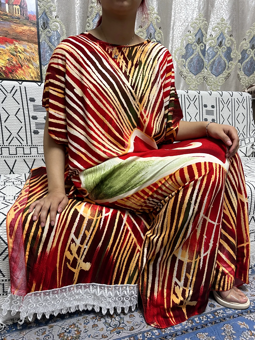 Muslim Cotton Abayas For Women 2023 Dubai Printed Umbrella Pattern Loose Femme Robe African Islam Dresses With Lace Shawl Scarf