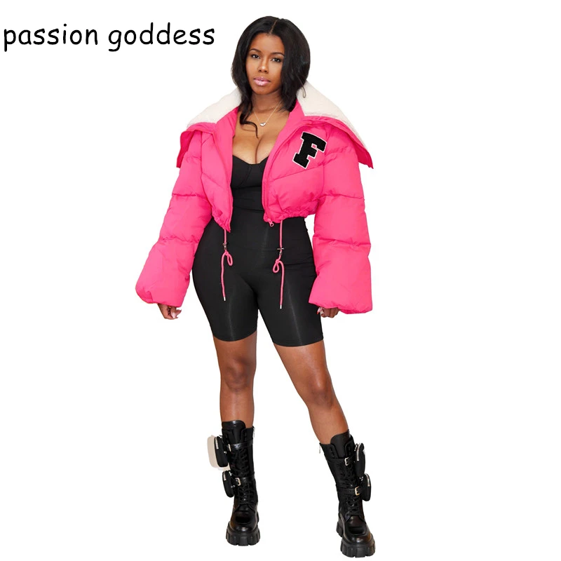 

High Quality 2022 Long Sleeve Big Fur Collar Letter Winter Puffer Crop Jacket Women Zipper Thick Parkas Warm Padded Coat Clothes