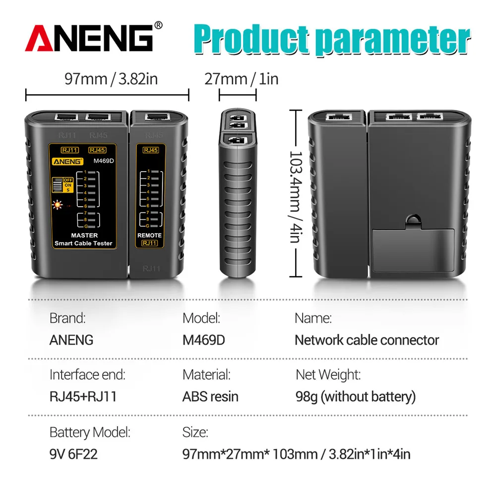 ANENG M469D Cable lan Tester Network Cable Ethernet Tester RJ45 RJ11 RJ12 CAT5 UTP LAN Networking Tool Network Repair