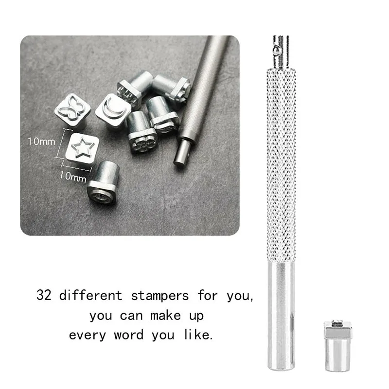 32Pcs Metal Stamping Punch Tool for Leather Patterns Stamps Tools DIY Stamping Steel Puncher Stamps Set 10*10mm