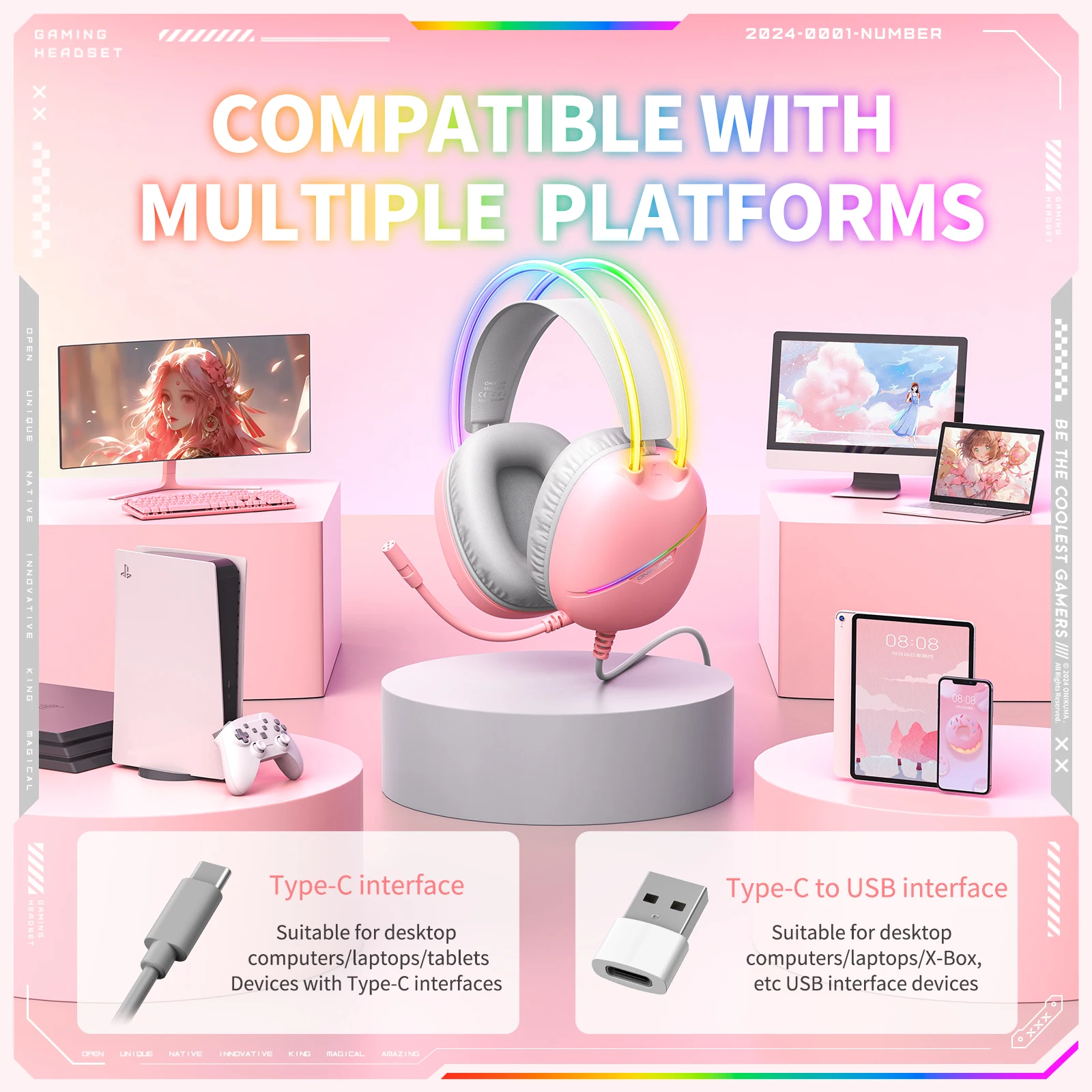 ONIKUMA X33 Gaming-Headset, kabelgebunden, kompatibel mit PC und PS4, mit RGB-Beleuchtung, HD-Mikrofon und flexiblem Ohrhörer für Computer_voghion.com