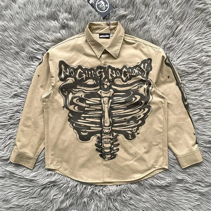 

24ss Oversized Airbrushed Bones Long Sleeve Shirts For Men Women 1:1 Best Quality Skull Print Jackets
