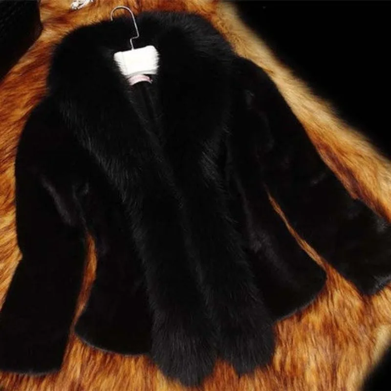 Winter New 2023 Women Mink-like Fur Coat Imitation Fox Fur Collar Slim Short Outwear Female Fashion Thicken Warm Casual Outcoat